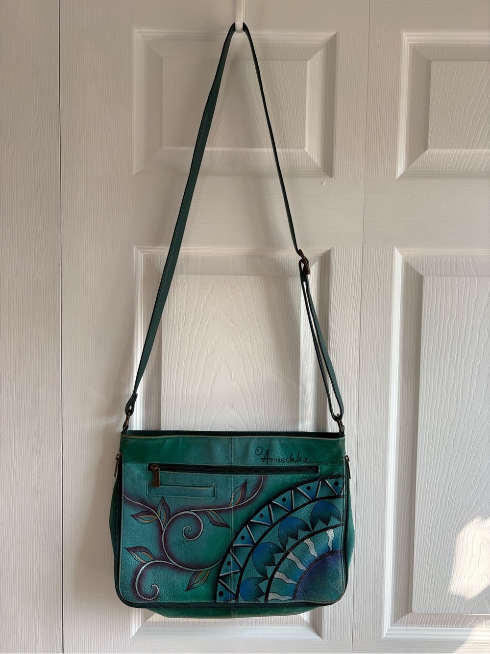 Anuschka Hobo Bag Purse Hand Painted Floral Peacock Leather Green Blue Artsy - Picture 5 of 12